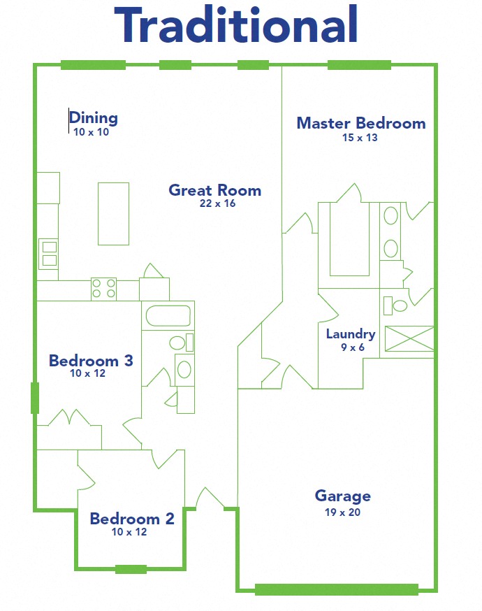 Floor plan for 3 beds, 2 baths, 1559 sqft